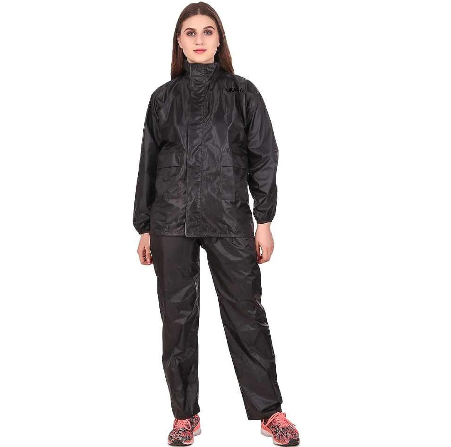 Women’s Water Resistant Semi-Nylon Rain Coat with Pant, Black & Blue